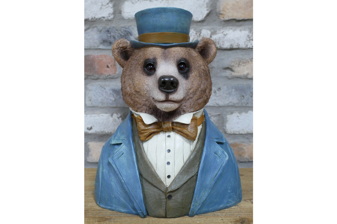 Bear Bust Resin Figurine Wearing Suit and Hat Quirky Home Decor