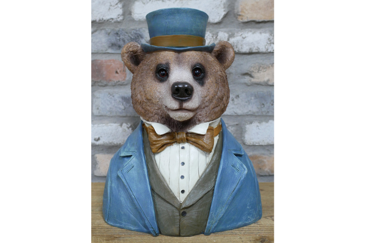 Bear Bust Resin Figurine Wearing Suit and Hat Quirky Home Decor