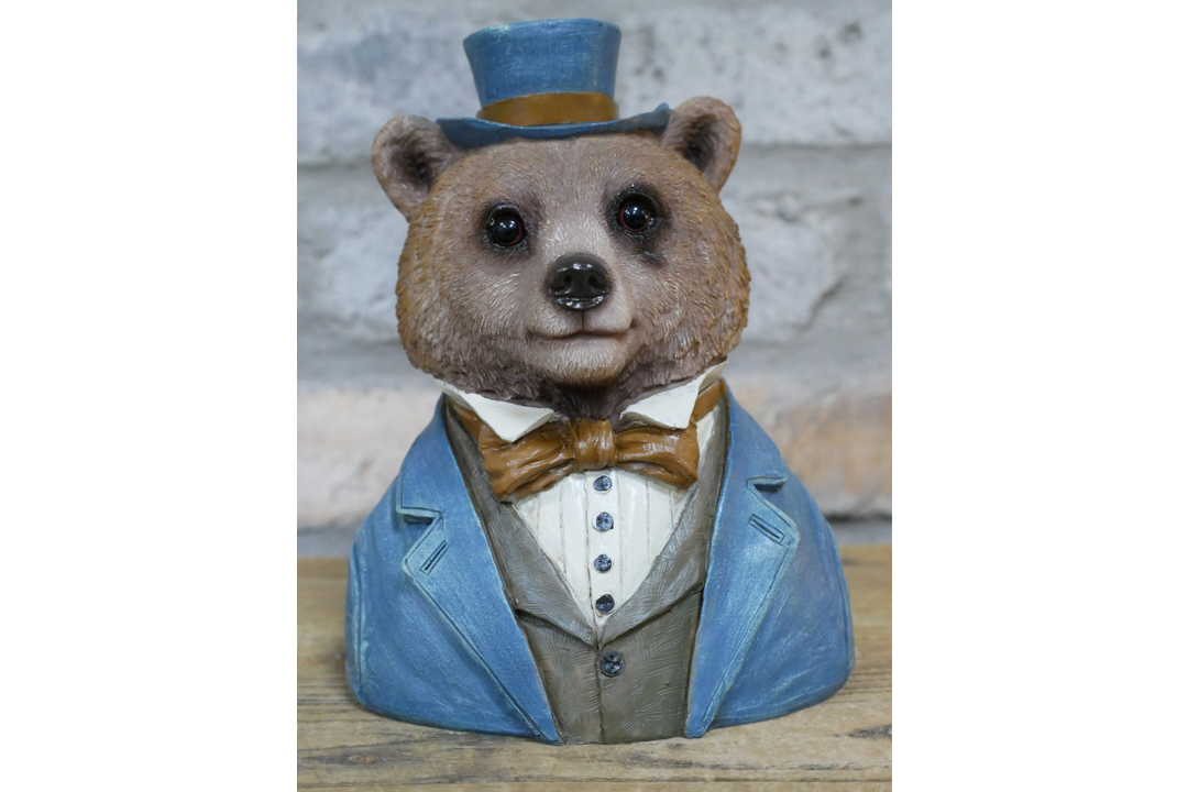 Bear Bust Resin Figurine Wearing Suit and Hat Quirky Home Decor