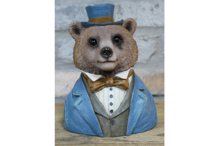 Bear Bust Resin Figurine Wearing Suit and Hat Quirky Home Decor