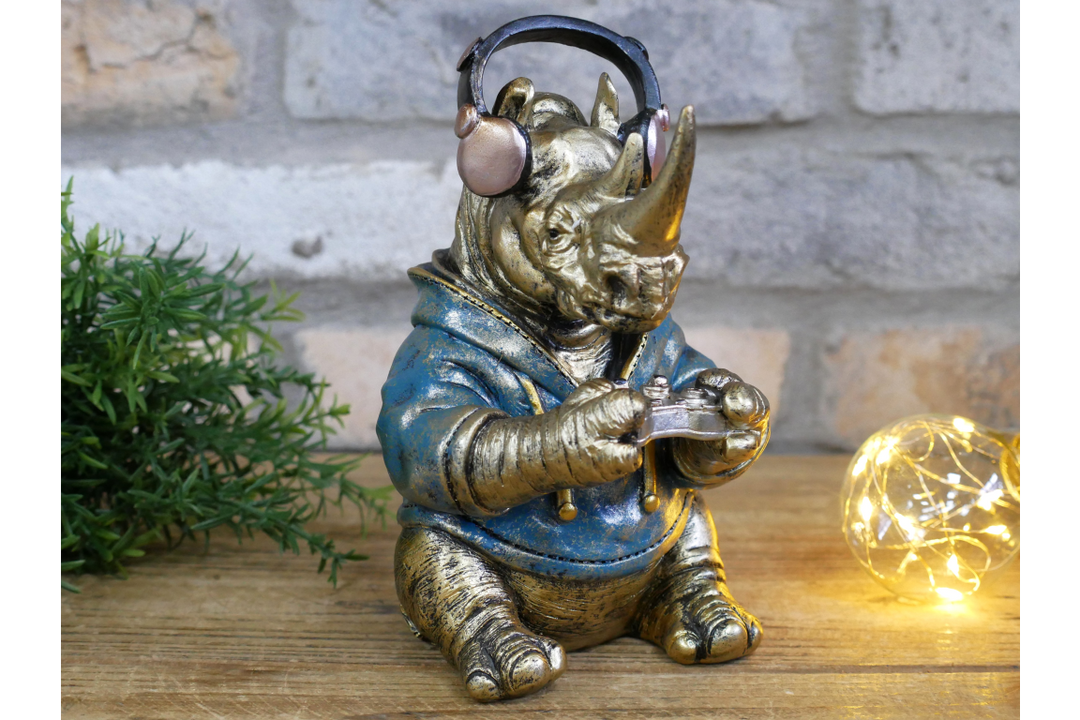 Gaming Rhino Figurine – Small Animal Resin Sculpture Decorative Home & Office Art
