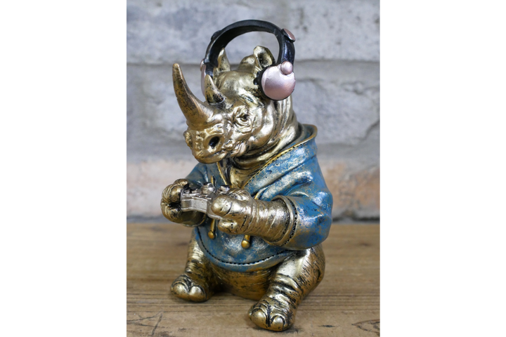 Gaming Rhino Figurine – Small Animal Resin Sculpture Decorative Home & Office Art