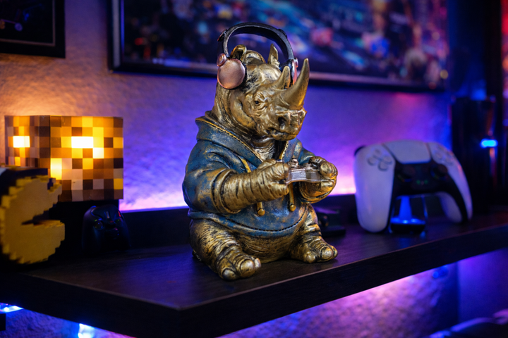 Gaming Rhino Figurine – Small Animal Resin Sculpture Decorative Home & Office Art