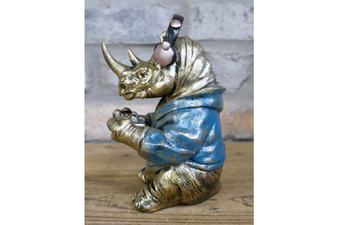 Gaming Rhino Figurine – Small Animal Resin Sculpture Decorative Home & Office Art
