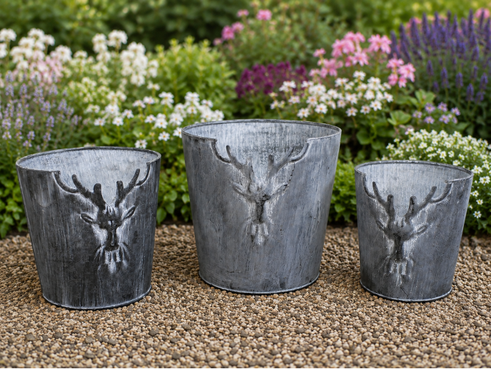 Set of 3 Stag Planters – Rustic Woodland Deer Garden Planter Set for Indoor & Outdoor Décor