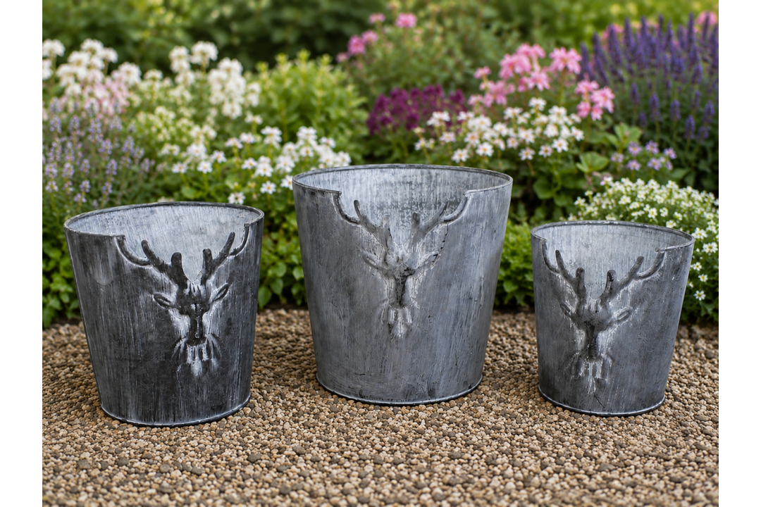 Set of 3 Stag Planters – Rustic Woodland Deer Garden Planter Set for Indoor & Outdoor Décor