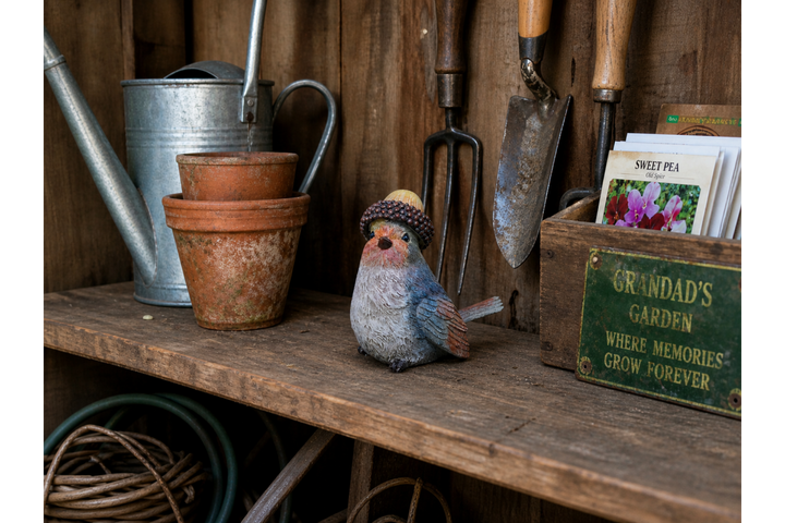 Robin Ornaments with Hats – Straw & Acorn | Decorative Garden & Home Sculptures
