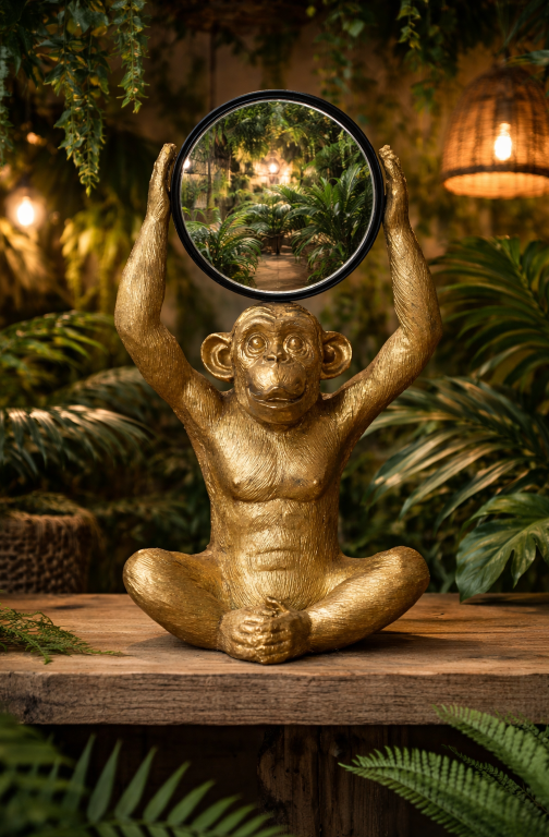 Gold Monkey with Round Mirror Above Head Resin Sculpture – Unique Home & Office Decor