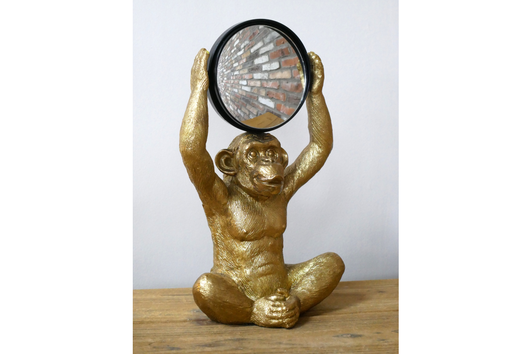 Gold Monkey with Round Mirror Above Head Resin Sculpture – Unique Home & Office Decor