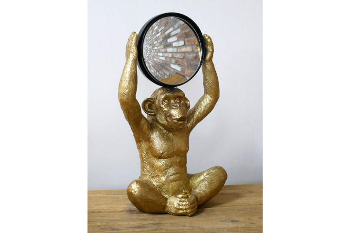 Gold Monkey with Round Mirror Above Head Resin Sculpture – Unique Home & Office Decor