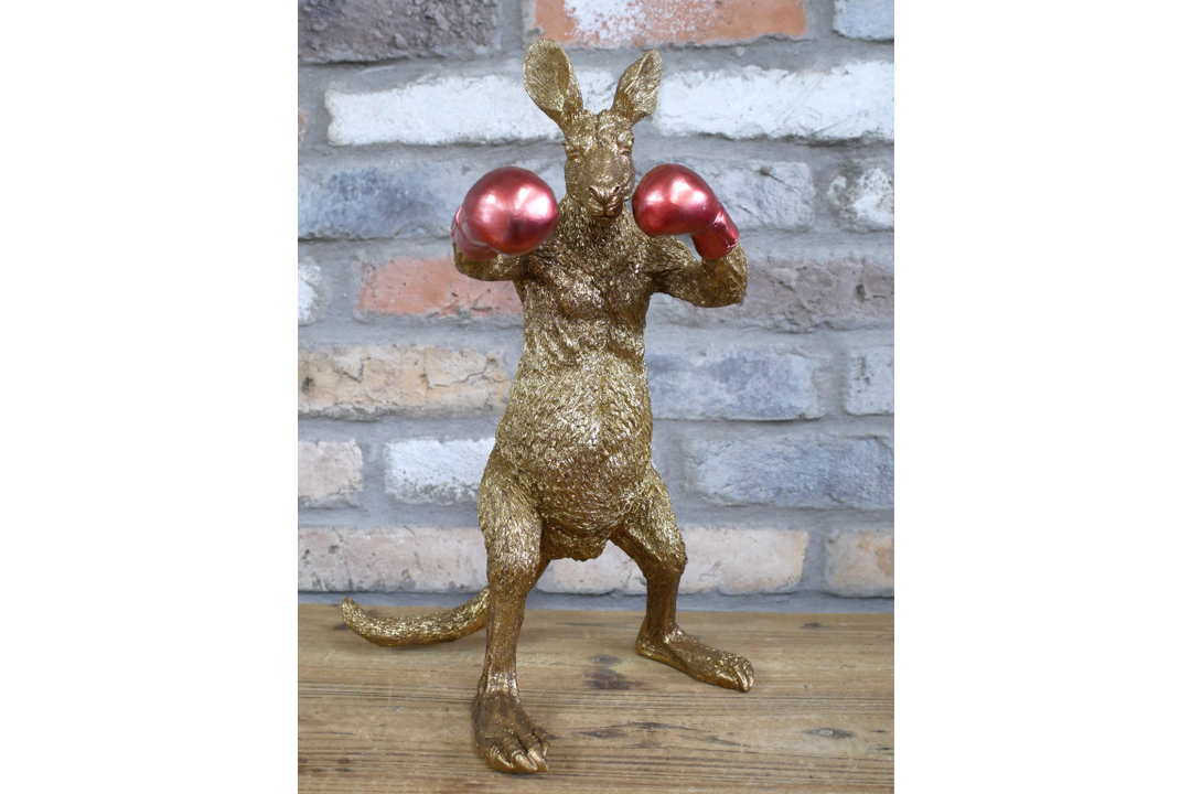 Kangaroo Boxer Resin Sculpture Gold with Red Gloves Decorative Home & office Ornament