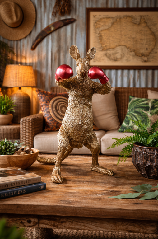 Kangaroo Boxer Resin Sculpture Gold with Red Gloves Decorative Home & office Ornament