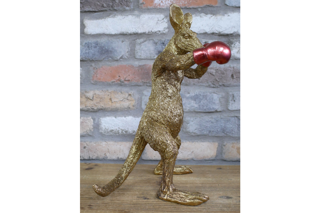 Kangaroo Boxer Resin Sculpture Gold with Red Gloves Decorative Home & office Ornament