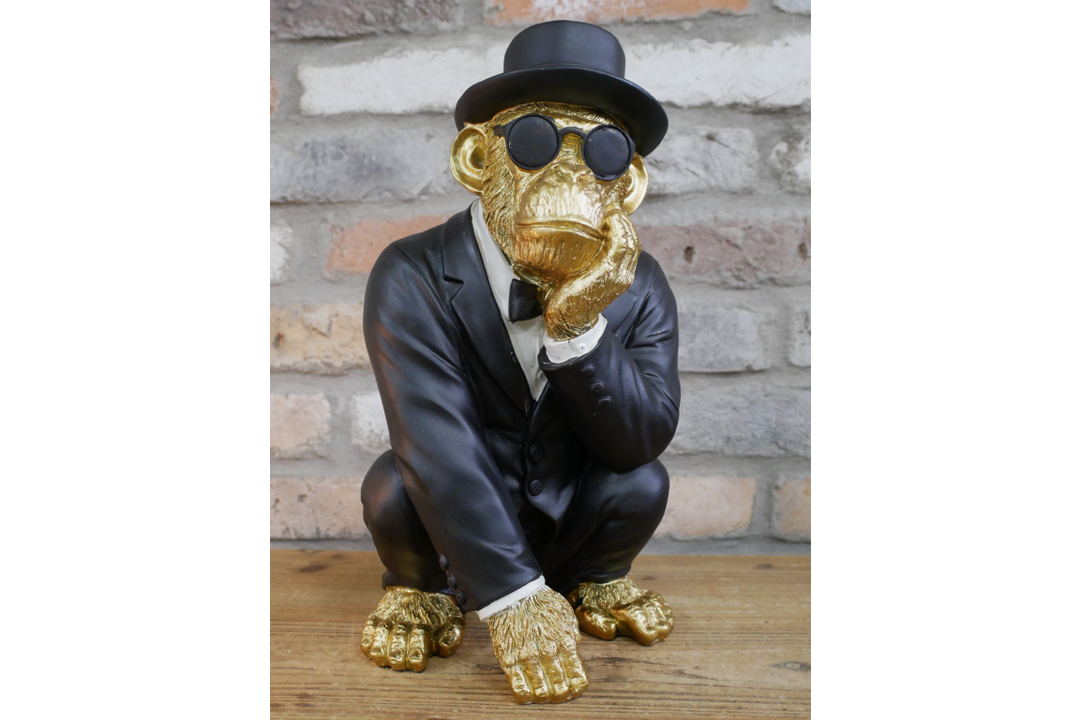 Gold Monkey in Black Suit Statue – Resin Decorative Ornament for Home, Bar & Mancave
