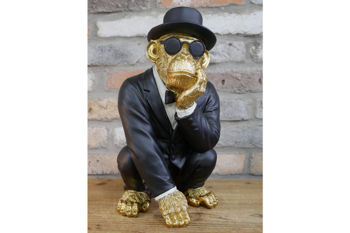 Gold Monkey in Black Suit Statue – Resin Decorative Ornament for Home, Bar & Mancave