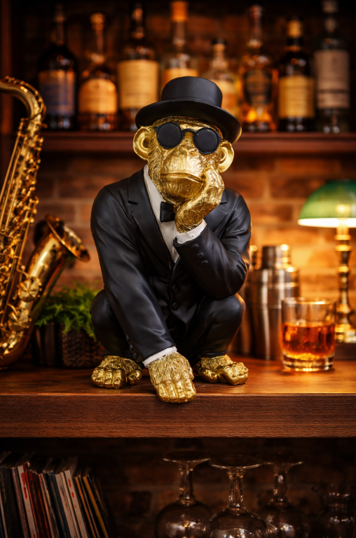 Gold Monkey in Black Suit Statue – Resin Decorative Ornament for Home, Bar & Mancave