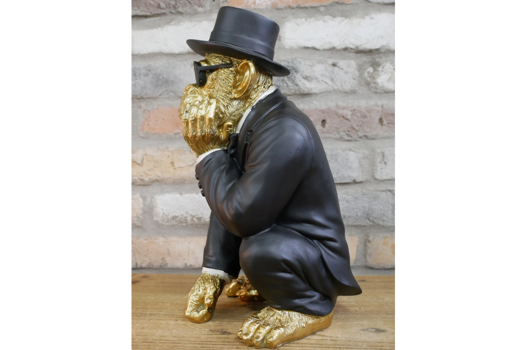 Gold Monkey in Black Suit Statue – Resin Decorative Ornament for Home, Bar & Mancave