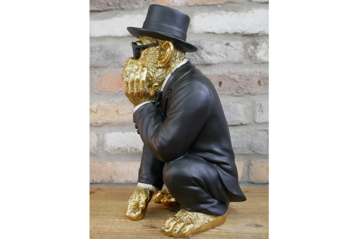 Gold Monkey in Black Suit Statue – Resin Decorative Ornament for Home, Bar & Mancave