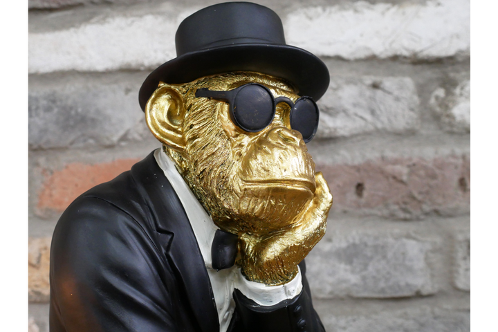 Gold Monkey in Black Suit Statue – Resin Decorative Ornament for Home, Bar & Mancave