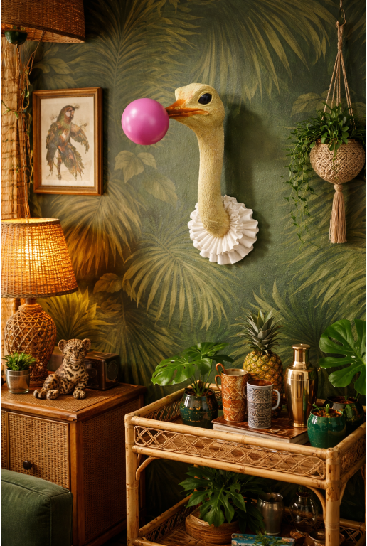Ostrich Wall Art Sculpture with Pink Bubblegum Resin – Decorative Home & Office Wall Decor