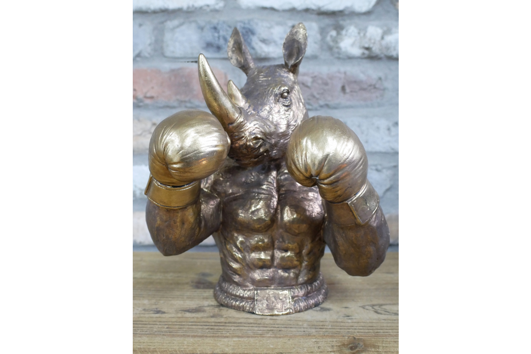 Antique Gold Finish Frenchie & Rhino Boxer Resin Sculpture – Luxury Animal Home Decor Ornament