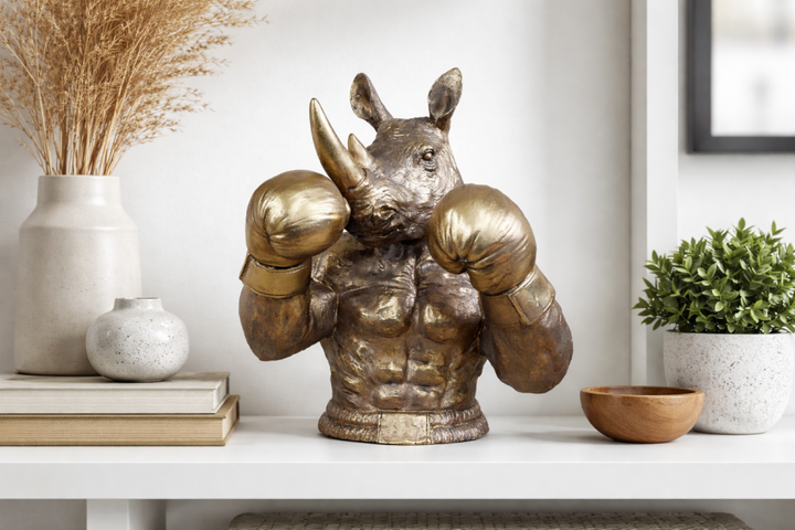 Antique Gold Finish Frenchie & Rhino Boxer Resin Sculpture – Luxury Animal Home Decor Ornament