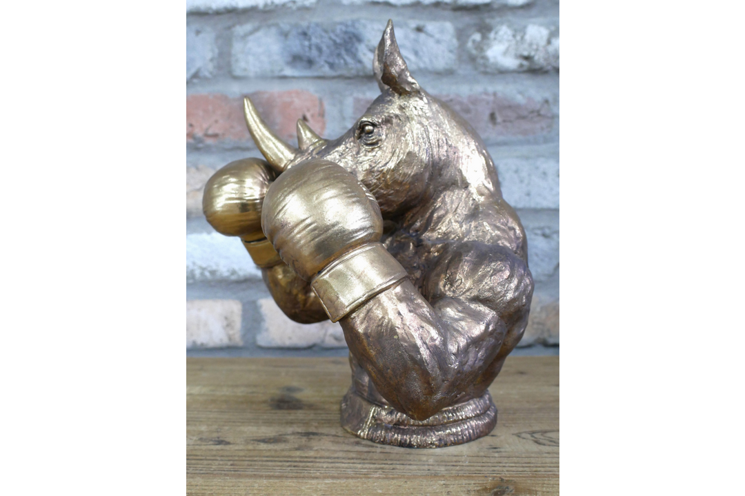 Antique Gold Finish Frenchie & Rhino Boxer Resin Sculpture – Luxury Animal Home Decor Ornament