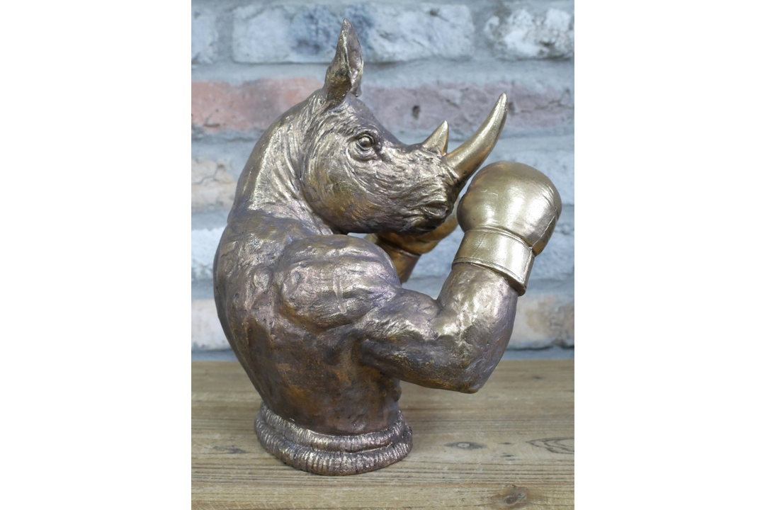 Antique Gold Finish Frenchie & Rhino Boxer Resin Sculpture – Luxury Animal Home Decor Ornament