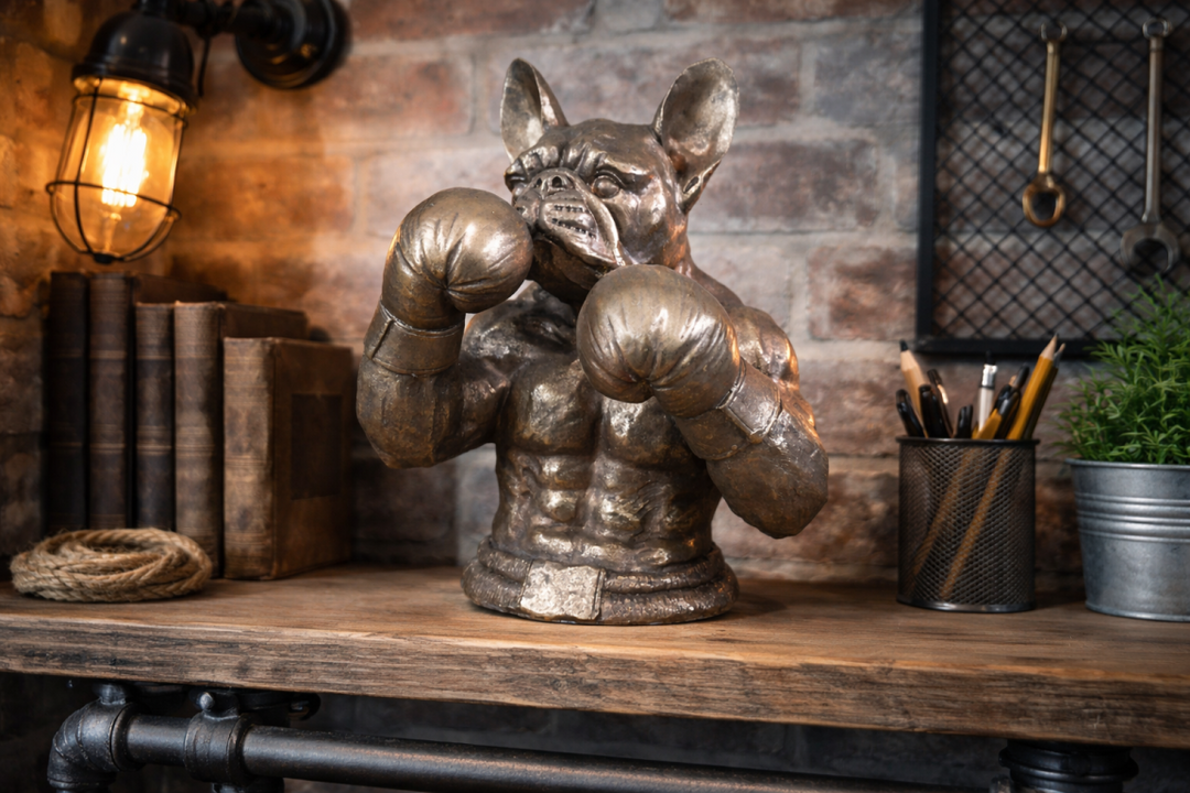 Antique Gold Finish Frenchie & Rhino Boxer Resin Sculpture – Luxury Animal Home Decor Ornament