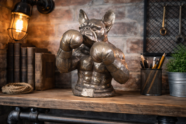 Antique Gold Finish Frenchie & Rhino Boxer Resin Sculpture – Luxury Animal Home Decor Ornament