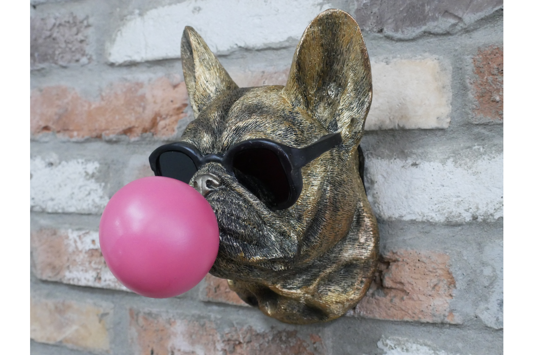 Antique Gold Dog Head Wall Sculpture with Pink Bubblegum & Black Resin Finish