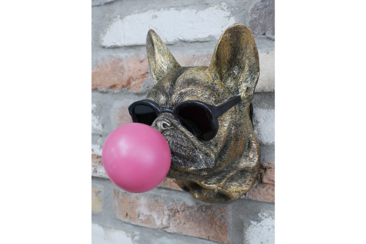 Antique Gold Dog Head Wall Sculpture with Pink Bubblegum & Black Resin Finish