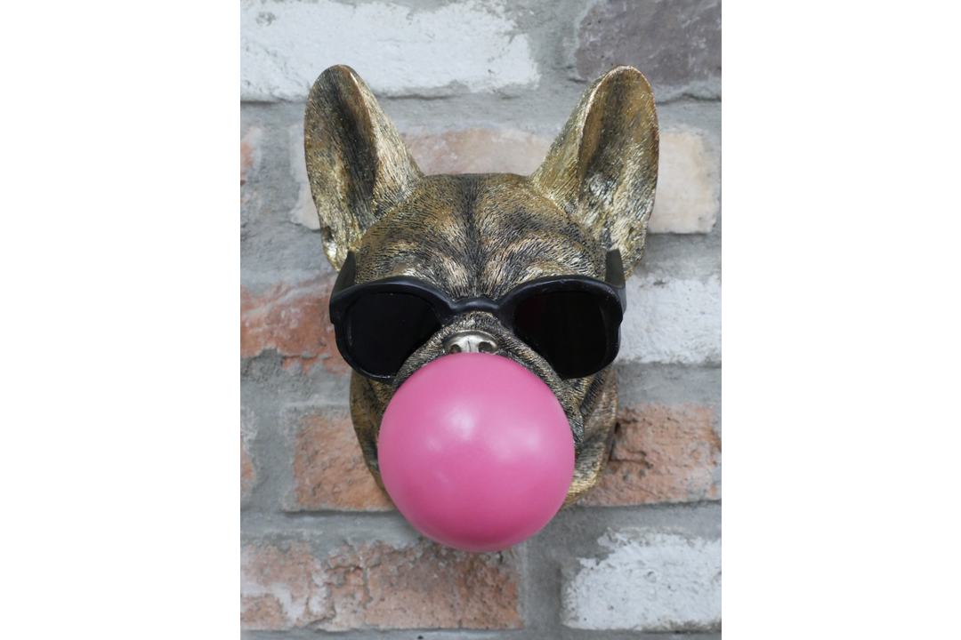 Antique Gold Dog Head Wall Sculpture with Pink Bubblegum & Black Resin Finish