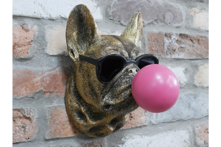 Antique Gold Dog Head Wall Sculpture with Pink Bubblegum & Black Resin Finish