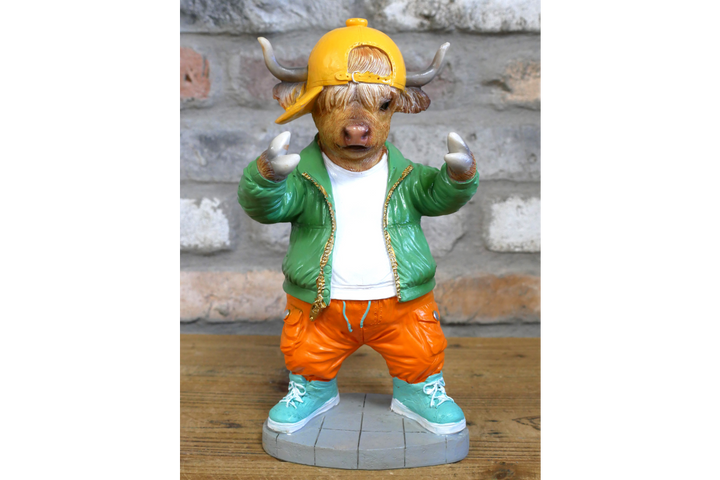 Cool Bubble Gum Cow Statue with Lion Puffer Jacket–Colorful Resin Animal Figurine Home Decor