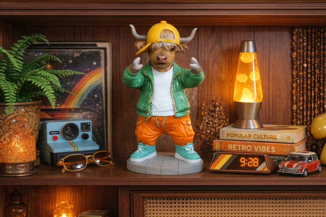 Cool Bubble Gum Cow Statue with Lion Puffer Jacket–Colorful Resin Animal Figurine Home Decor