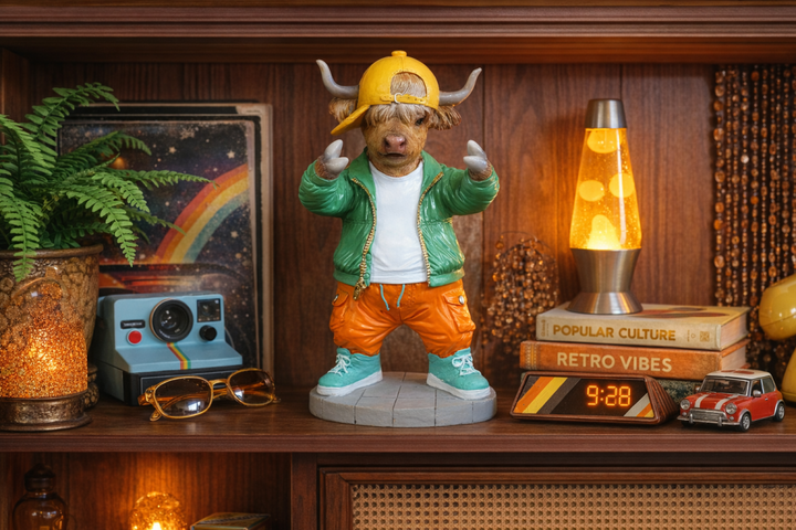 Cool Bubble Gum Cow Statue with Lion Puffer Jacket–Colorful Resin Animal Figurine Home Decor