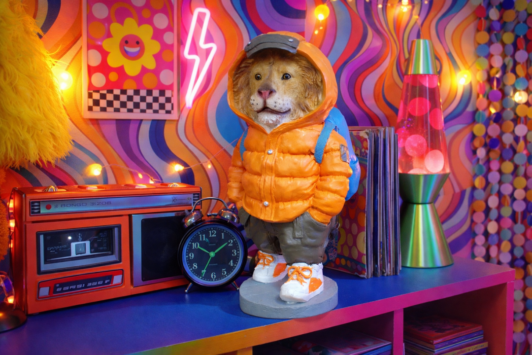 Cool Bubble Gum Cow Statue with Lion Puffer Jacket–Colorful Resin Animal Figurine Home Decor