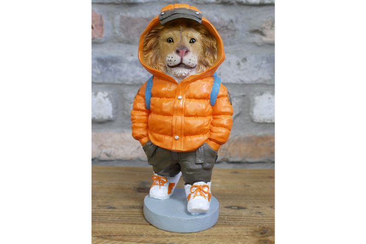 Cool Bubble Gum Cow Statue with Lion Puffer Jacket–Colorful Resin Animal Figurine Home Decor