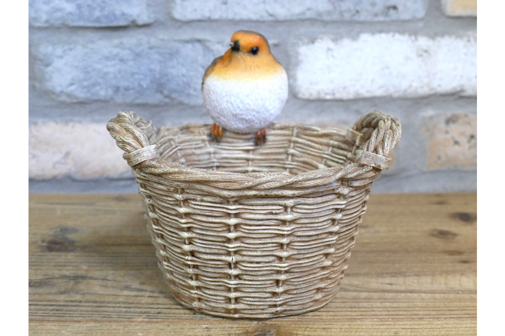 Robin Bird on Basket Feeder Figurine – Garden Decorative Ornament for Indoor & Outdoor