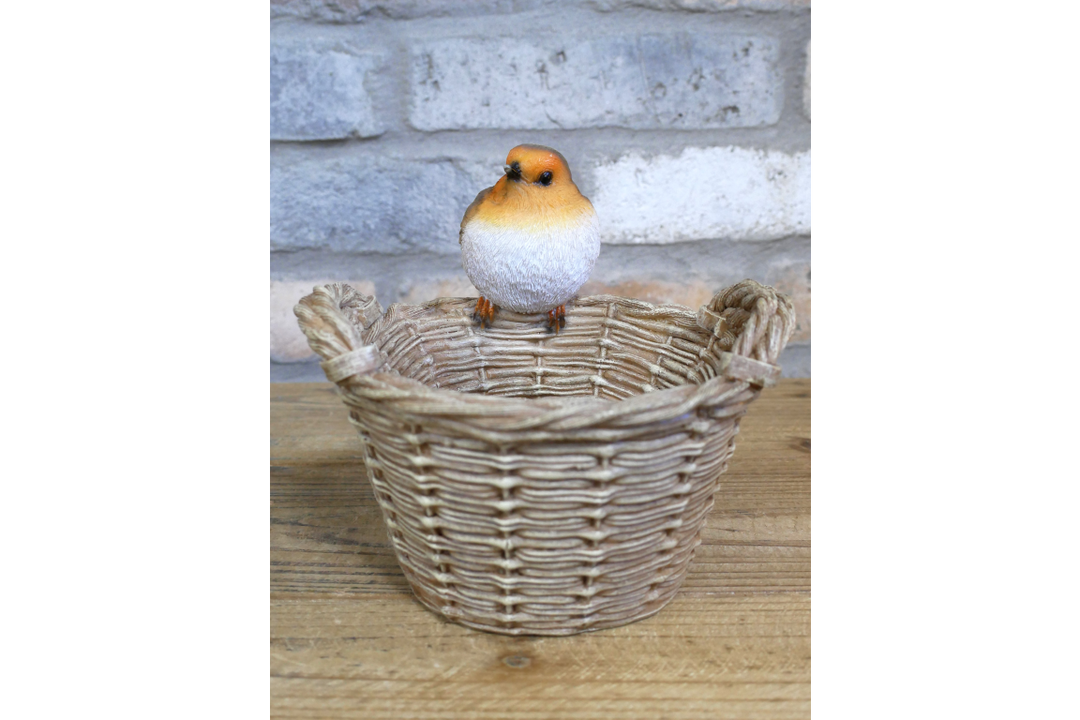 Robin Bird on Basket Feeder Figurine – Garden Decorative Ornament for Indoor & Outdoor