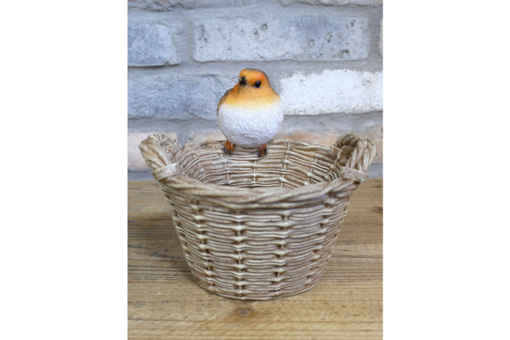 Robin Bird on Basket Feeder Figurine – Garden Decorative Ornament for Indoor & Outdoor