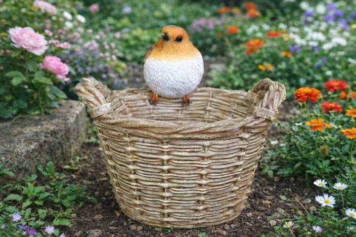 Robin Bird on Basket Feeder Figurine – Garden Decorative Ornament for Indoor & Outdoor