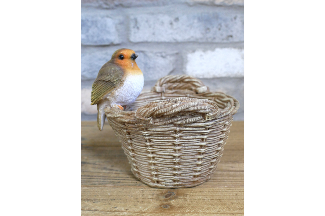 Robin Bird on Basket Feeder Figurine – Garden Decorative Ornament for Indoor & Outdoor