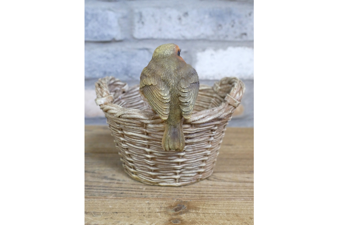 Robin Bird on Basket Feeder Figurine – Garden Decorative Ornament for Indoor & Outdoor