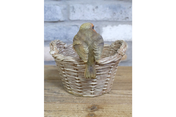 Robin Bird on Basket Feeder Figurine – Garden Decorative Ornament for Indoor & Outdoor