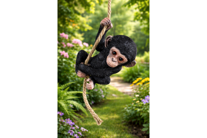 Monkey Eating Banana with Baby and baby monkey on a rope Hanging Resin Garden decorative Ornament