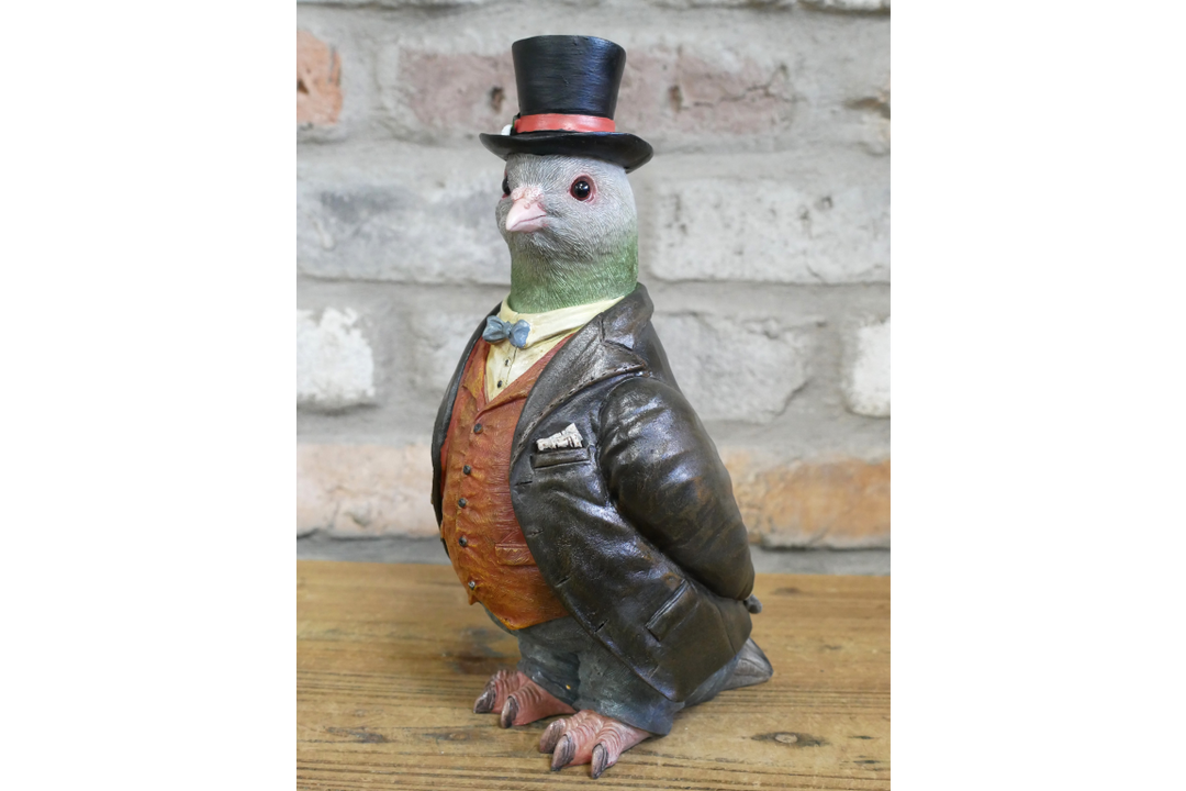 Gentleman Pigeon Figurine Wearing Suit and Hat – Decorative Resin Bird Home Decor
