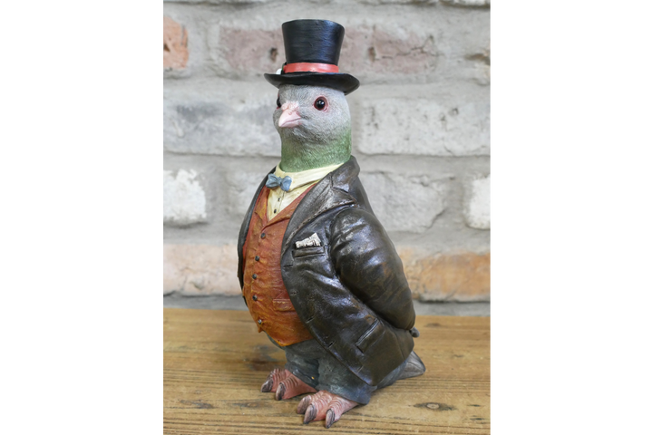 Gentleman Pigeon Figurine Wearing Suit and Hat – Decorative Resin Bird Home Decor