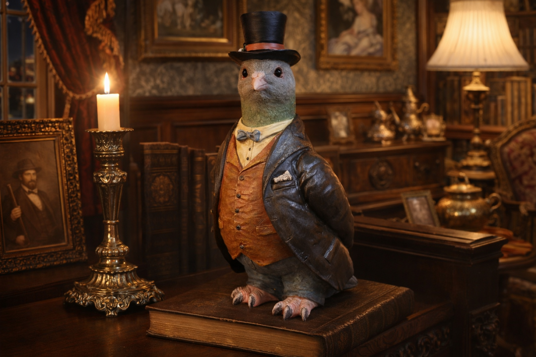Gentleman Pigeon Figurine Wearing Suit and Hat – Decorative Resin Bird Home Decor